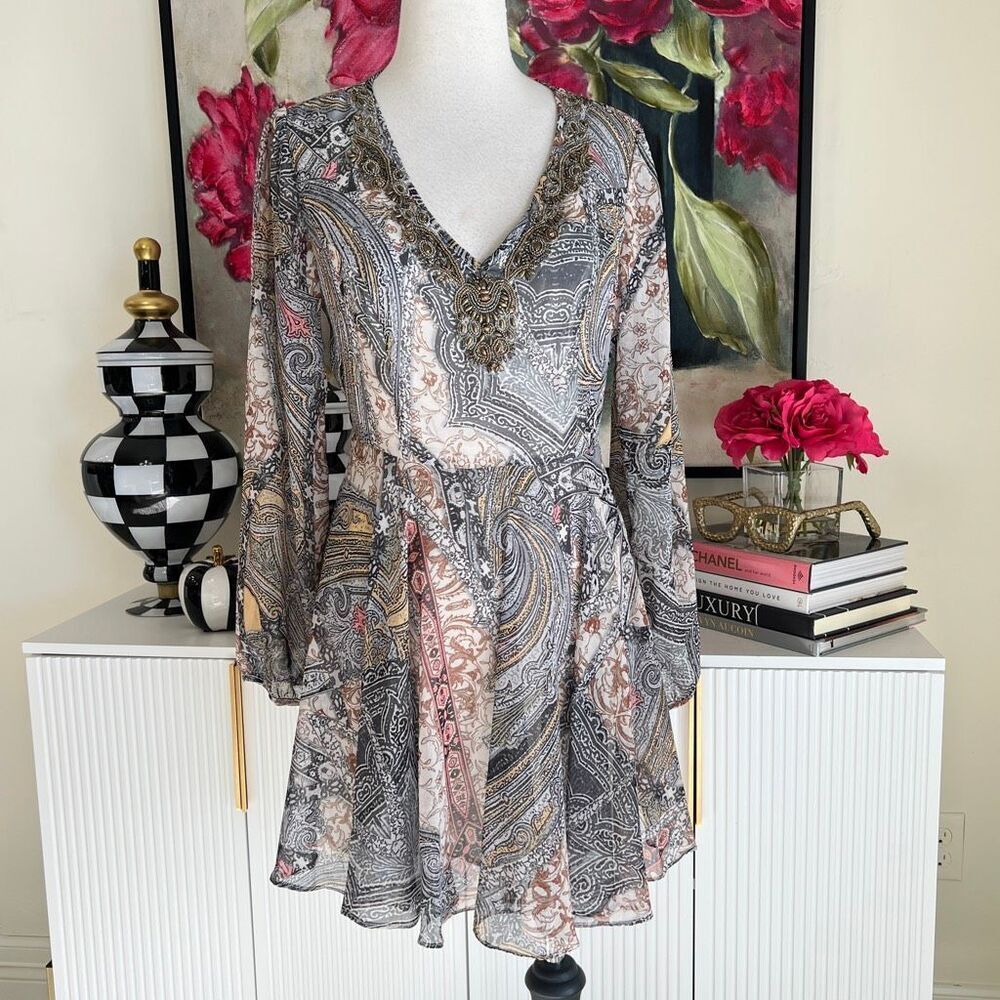 V Christina Women's Beaded Paisley Chiffon Fit And Flare Dress Multicolor Small